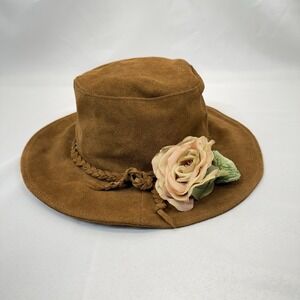 Minnetonka‎ Genuine Leather Suede Hat M 9753 Western Boho Flower Accent Brown